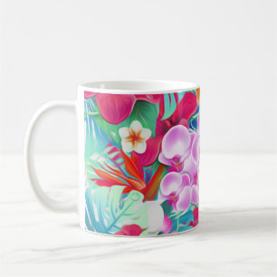Caneca De Café Ilustração Colorida de Folhas Tropicais e Flores