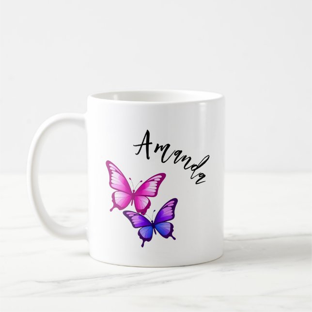 Caneca De Café Ilustração da borboleta rosa e roxa com nome (Esquerda)
