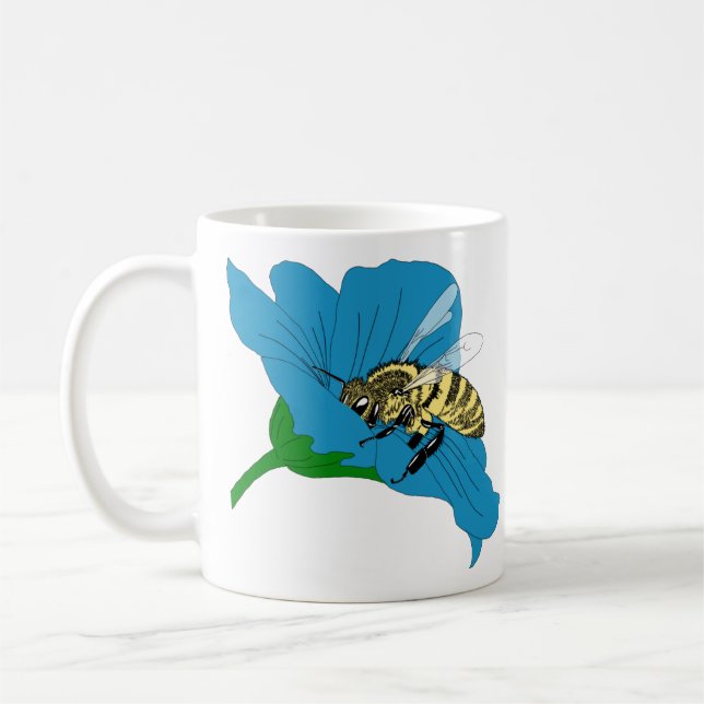 Caneca De Café Ilustração da Flor Azul das Abelhas de mel (Esquerda)