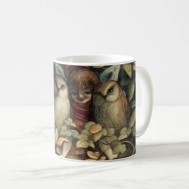 Caneca De Café Ilustração da Natureza de Corujas e Fadas Elfas (Frente Esquerda)