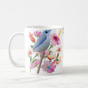 Caneca De Café Ilustração das flores de aves e molas