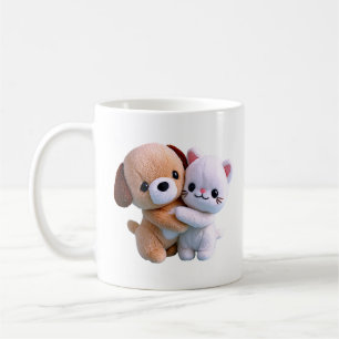 Caneca De Café Ilustração de Abraço de Cachorrinho e Gatito Fofo