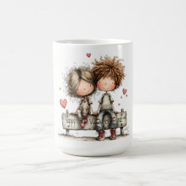 Caneca De Café Ilustração de Amigos no Banco de Dia dos Namorados