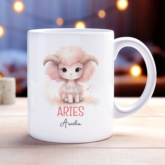 Caneca De Café Ilustração de Aquarela Cuta de Aries Nome Zodiac (Cute Watercolor Illustration of Aries Zodiac Name Coffee Mug)