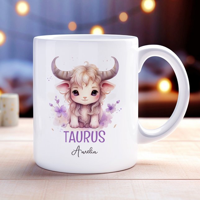 Caneca De Café Ilustração de Aquarela Cuta de Taurus Zodiac (Cute Watercolor Illustration of Taurus Zodiac Name Coffee Mug)