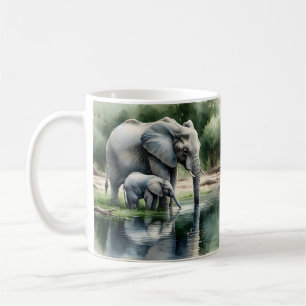 Caneca De Café Ilustração de Aquarela de Mamãe e Elefante Bebê