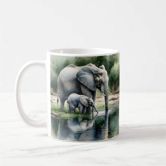 Caneca De Café Ilustração de Aquarela de Mamãe e Elefante Bebê (Esquerda)