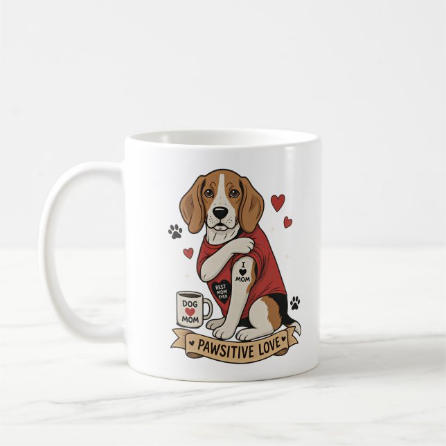Caneca De Café Ilustração de Beagle com Tatuagem Eu Amo Mamãe (Esquerda)