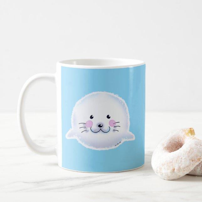 Caneca De Café Ilustração de Bebê Foca Fofa e Felpuda (Com Donut)