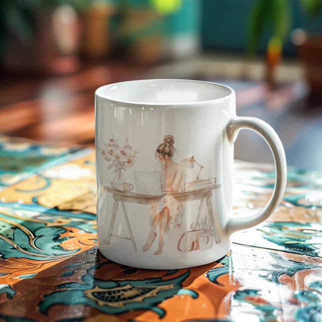 Caneca De Café Ilustração de Chefe Mulher com Monograma Chic | Aq (Criador carregado)