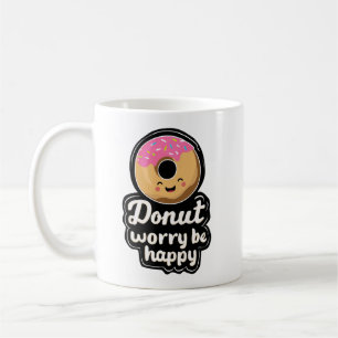 Caneca De Café Ilustração de Donut Sorridente Fofo – “Donut Worry