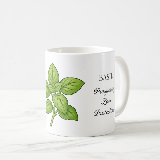 Caneca De Café Ilustração de Erva de Manjericão e Usos (Frente Esquerda)