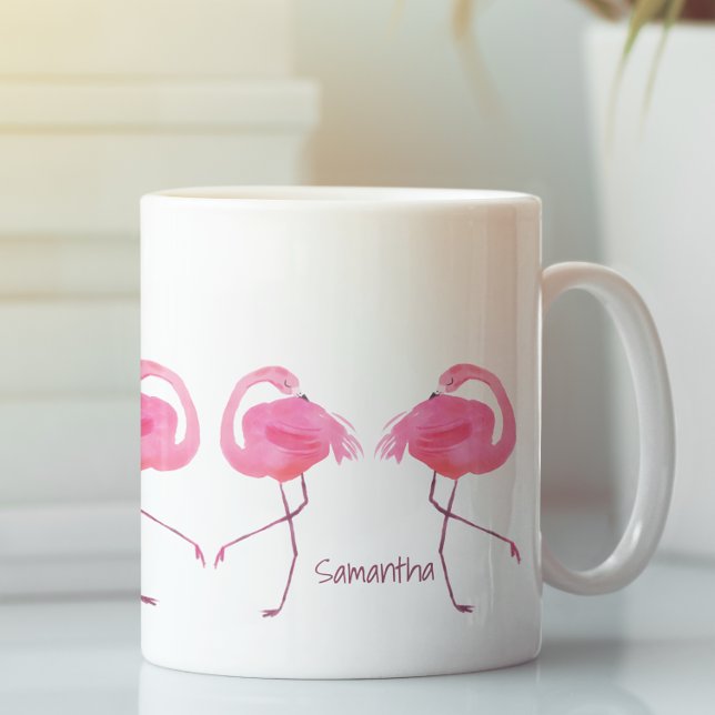 Caneca De Café Ilustração de Flamingos Cor-de-Água Rosa (Criador carregado)