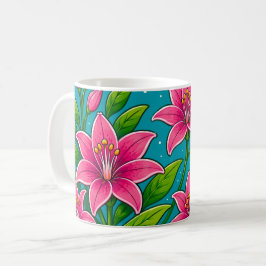 Caneca De Café Ilustração de Flores de Lírio Rosa com Folhagem Ve