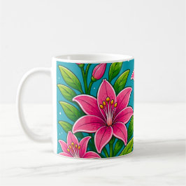 Caneca De Café Ilustração de Flores de Lírio Rosa com Folhagem Ve