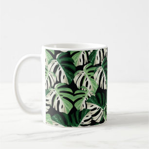 Caneca De Café Ilustração de folha de monstera verde-tropical.