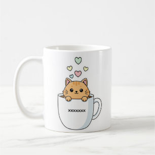Caneca De Café Ilustração de Gato Kawaii e Corações de Café