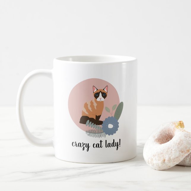Caneca De Café Ilustração de Gato Louco de Gato Floral (Com Donut)
