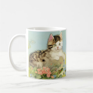 Caneca De Café Ilustração de Gato Vintage com Flores Rosa