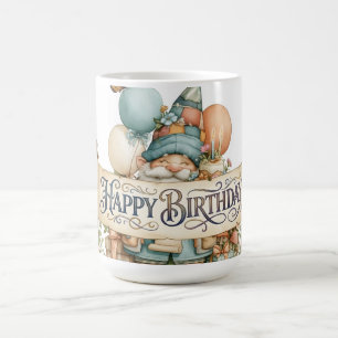 Caneca De Café Ilustração de Gnome de Aniversário com Balões