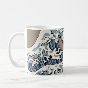 Caneca De Café Ilustração de grua e onda japonesa tradicional C