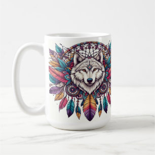 Caneca De Café Ilustração de Lobo com Dreamcatcher Estilo Boêmio
