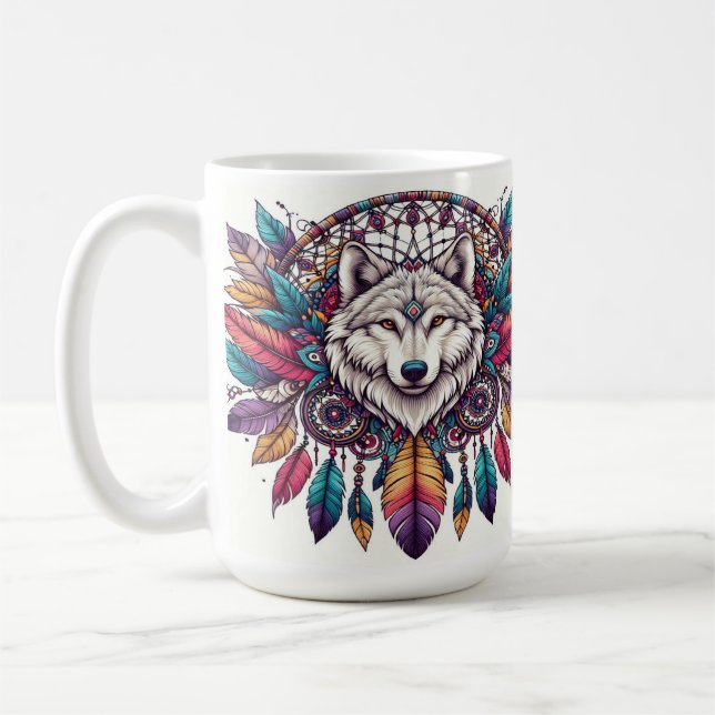 Caneca De Café Ilustração de Lobo com Dreamcatcher Estilo Boêmio (Esquerda)