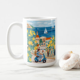 Caneca De Café Ilustração de Mulher Mediterrânea em Scooter Café