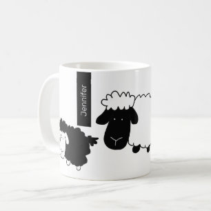 Caneca De Café Ilustração de Ovelhinhas Fofas Preto e Branco