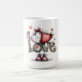 Caneca De Café Ilustração de Personagens com Coração e AMOR