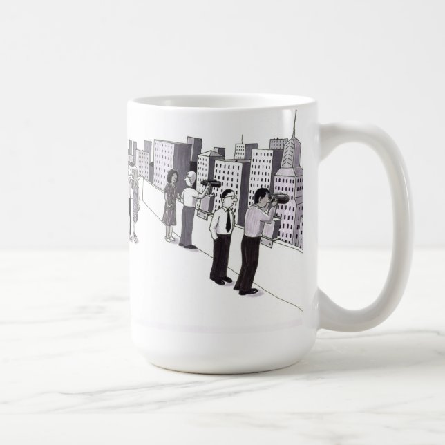 Caneca De Café Ilustração de Seis Pessoas no Telhado de uma Cidad (Direita)