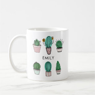 Caneca De Café Ilustração de suculentas de cactos nome personaliz