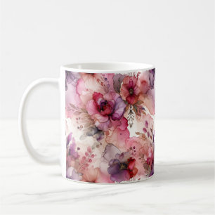 Caneca De Café Ilustração de Tinta Álcool das Flores Rosa e Roxo