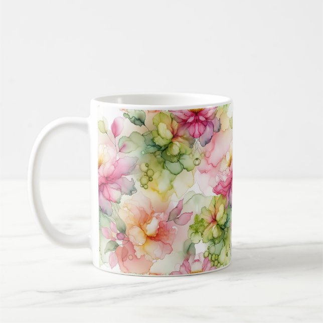 Caneca De Café Ilustração de Tinta Álcool Pastel Flores (Esquerda)