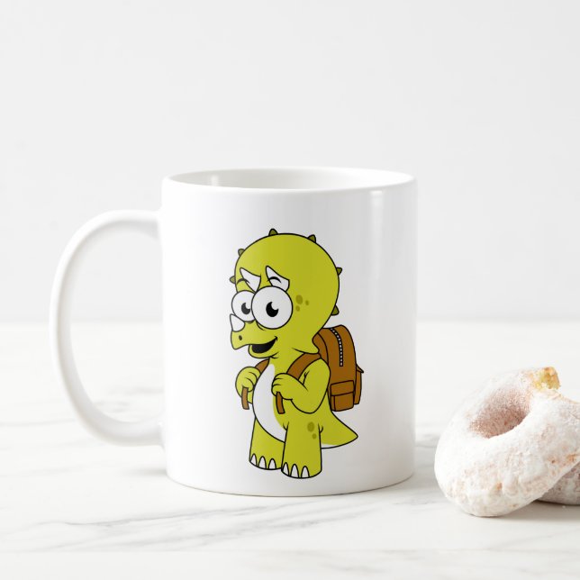 Caneca De Café Ilustração De Tricerátops Com Mochila. (Com Donut)