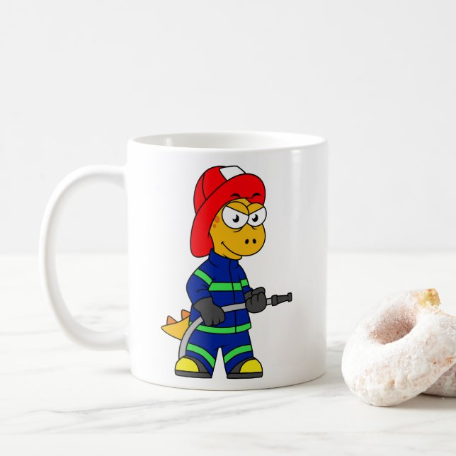Caneca De Café Ilustração De Um Bombeiro Tyrannosaurus Rex. (Com Donut)