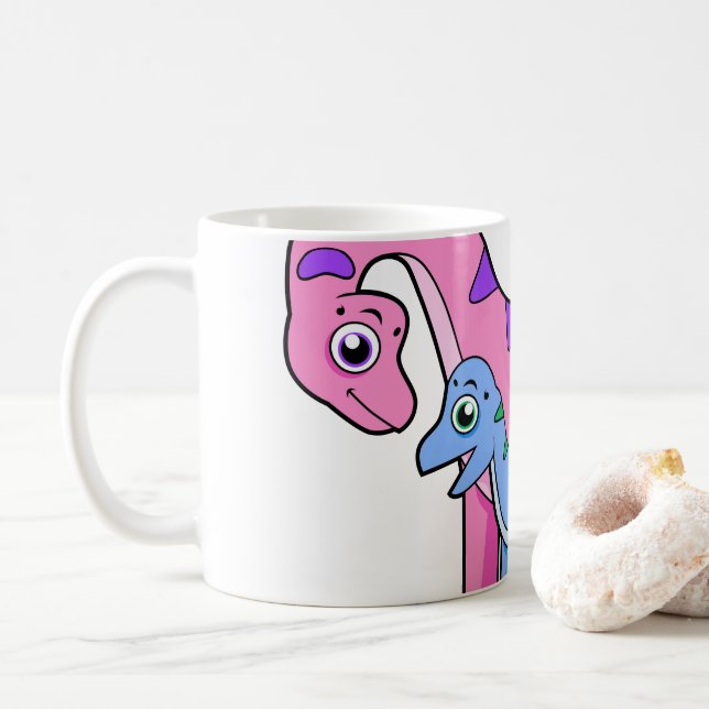 Caneca De Café Ilustração De Um Brachiossauro Mãe E Filho. (Com Donut)