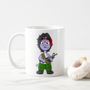 Caneca De Café Ilustração De Um Brontossauro Vestido Como Rambo.