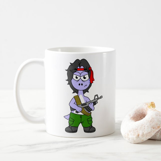 Caneca De Café Ilustração De Um Brontossauro Vestido Como Rambo. (Com Donut)