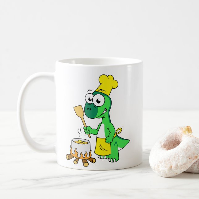 Caneca De Café Ilustração De Um Cozinhar De Dinossauro Parasaurol (Com Donut)