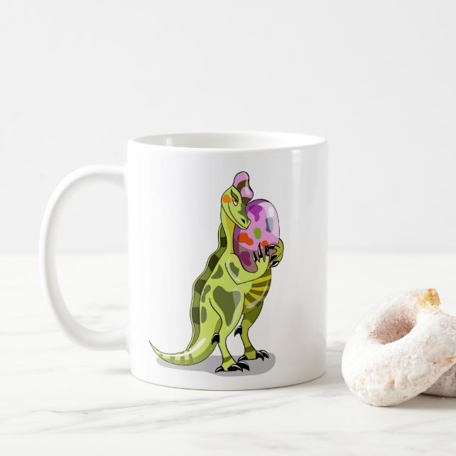 Caneca De Café Ilustração De Um Lambeossauro Que Detém Um Ovo. (Com Donut)