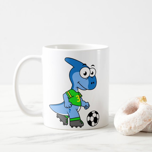 Caneca De Café Ilustração De Um Parasaurolofo Jogando Futebol. (Com Donut)