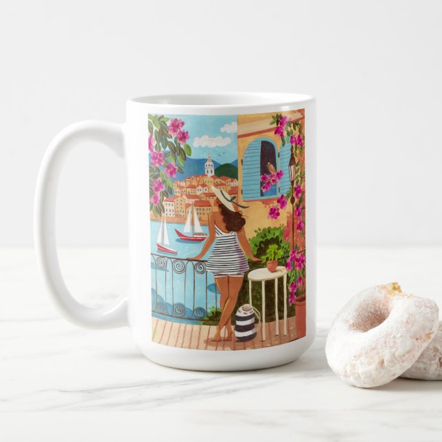 Caneca De Café Ilustração de Varanda Mediterrânea Café (Com Donut)