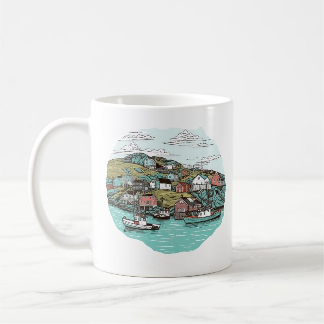 CANECA DE CAFÉ ILUSTRAÇÃO DO HARBOR DA CIDADE DE PESCA DE NEWFOUN (Esquerda)
