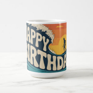 Caneca De Café Ilustração do tema Retro Surf "Feliz Aniversário"
