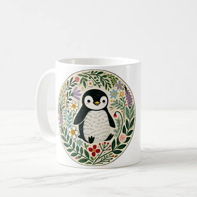 Caneca De Café Ilustração dos Amantes de Pinguim de Flor Selvagem (Frente Esquerda)