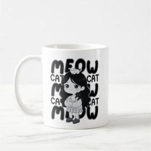 Caneca De Café Ilustração Estética de Garota Chibi Amante de Gato