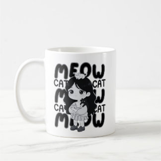 Caneca De Café Ilustração Estética de Garota Chibi Amante de Gato