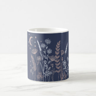 Caneca De Café Ilustração Floral de Céu Noturno Boho – Lua, Estre