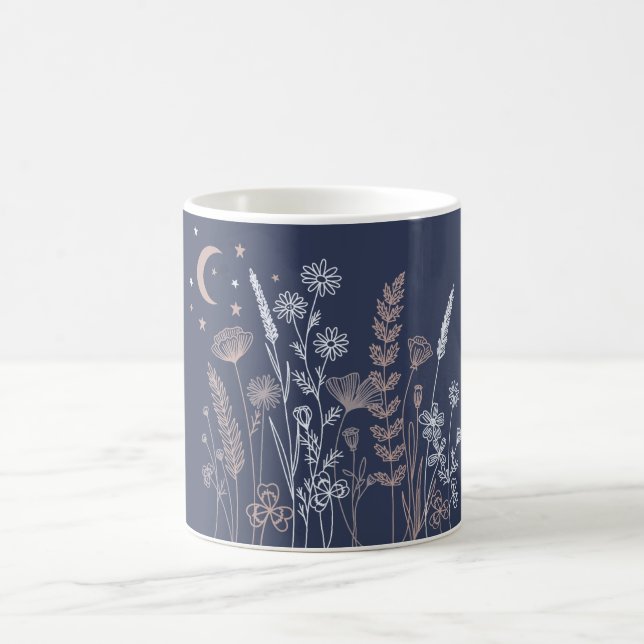 Caneca De Café Ilustração Floral de Céu Noturno Boho – Lua, Estre (Centro)